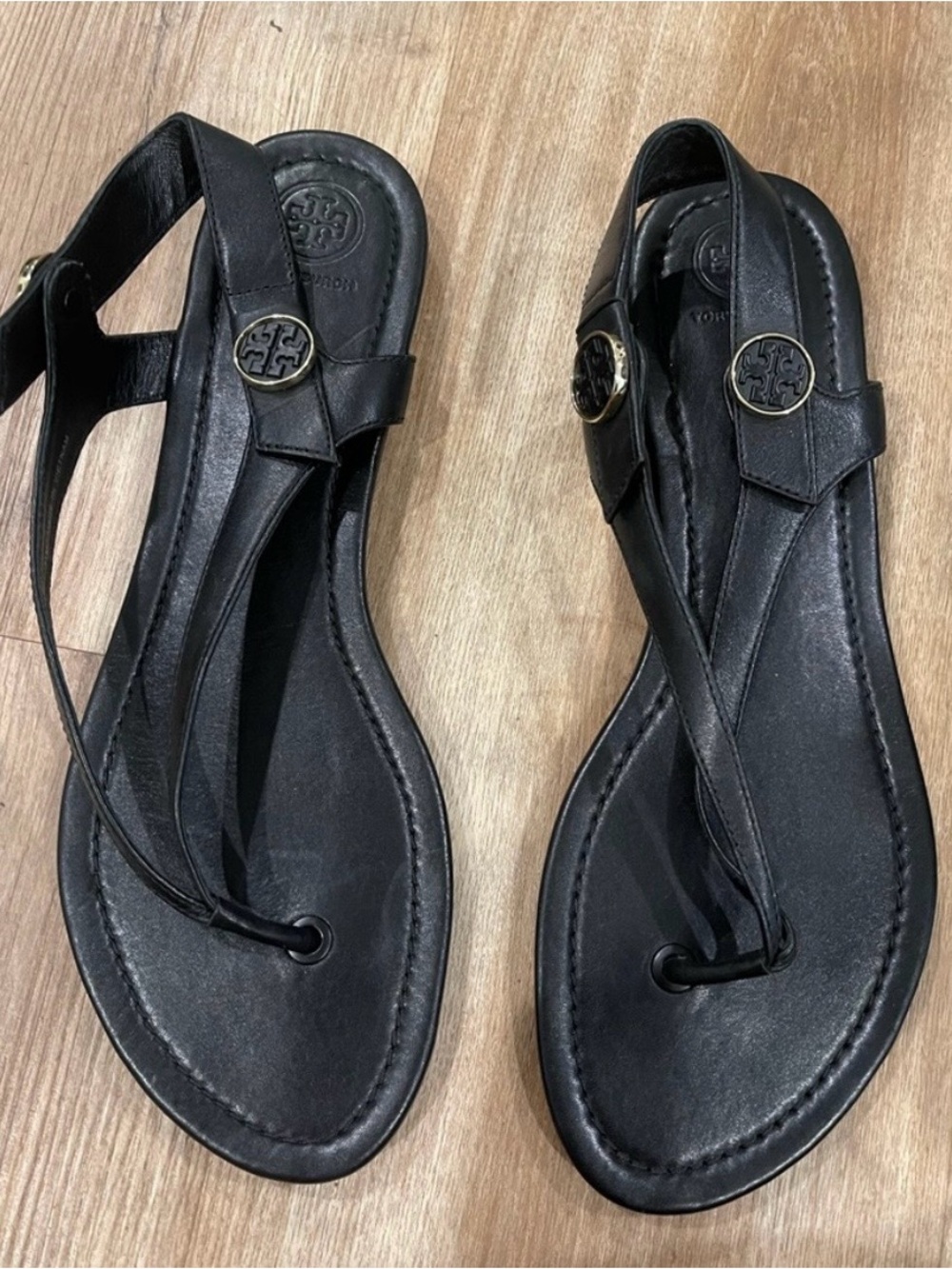 Tory Burch Black Leather Logo Thong Sandals